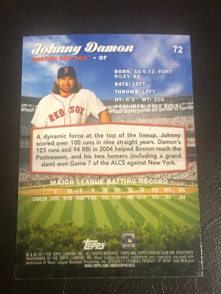 2017 Topps Stadium Club Johnny Damon #72 Gold Foil Parallel Red Sox - Image 2 of 2