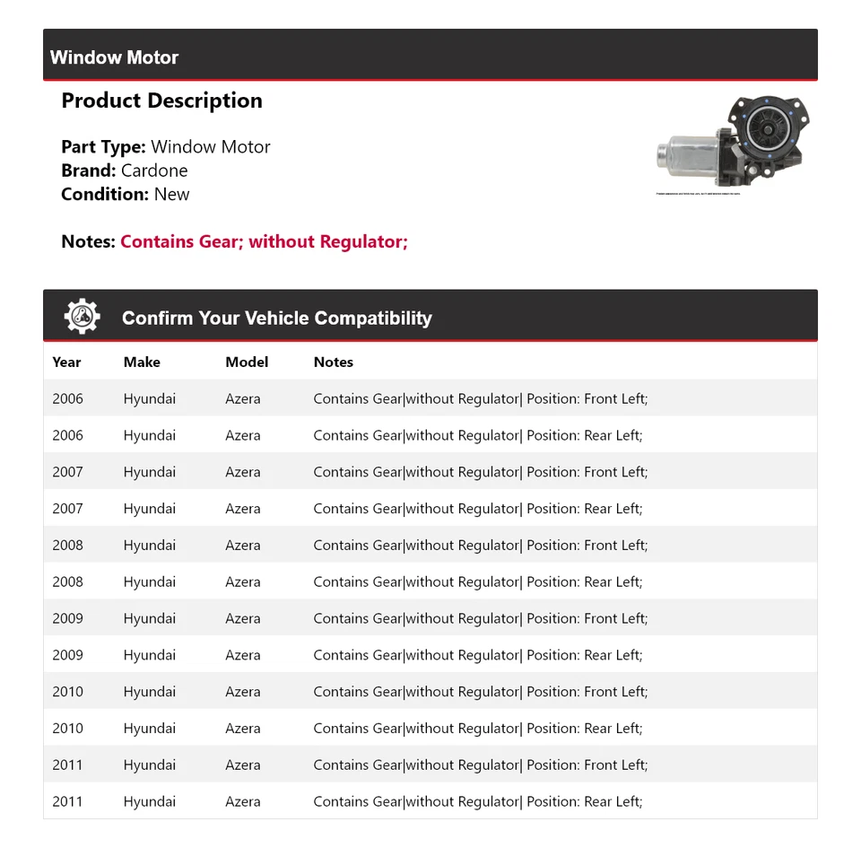 Para 2006-2011 Hyundai Azera Window Motor Cardone 2007 2008 2009 2010 - Imagem 2 de 4