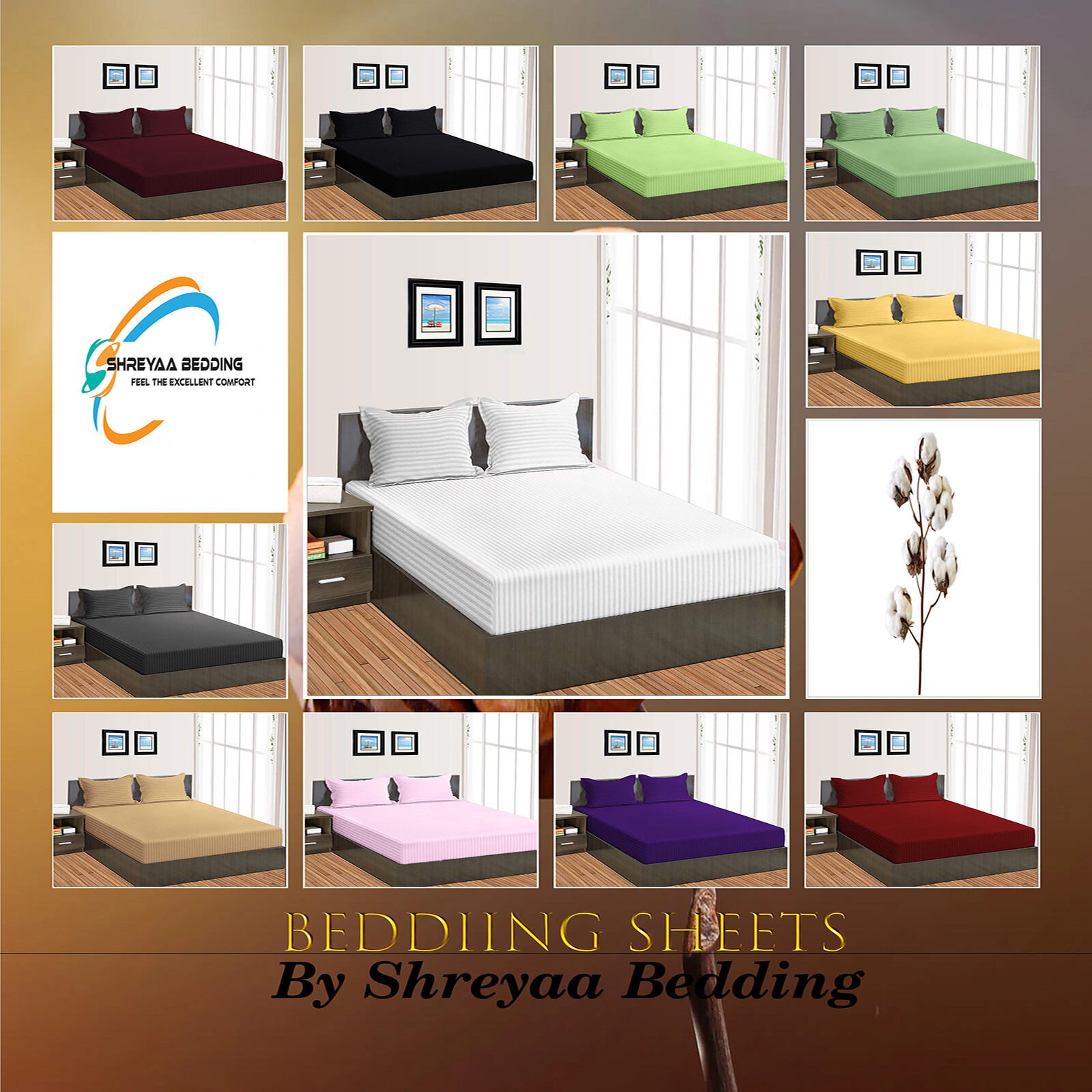 Deep Pocket Fitted Sheet with 2 Pillowcases Twin Size Striped Hotel Quality Bedding