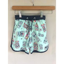 Tommy Bahama Boy Swim Trunks Size 5/6 Tiki Print Tribal Masks Swim Shorts Mint