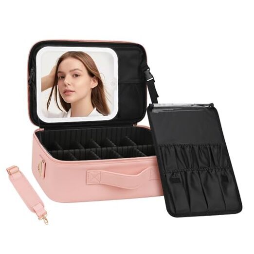 Makeup Bag with LED Mirror, Travel Cosmetic Train Case for medium a pink-image