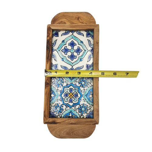 Kamsah Tunisian Blue Ceramic Tile 10.75x4.5 Olive Wood Serving Tray with Handles - Picture 3 of 7