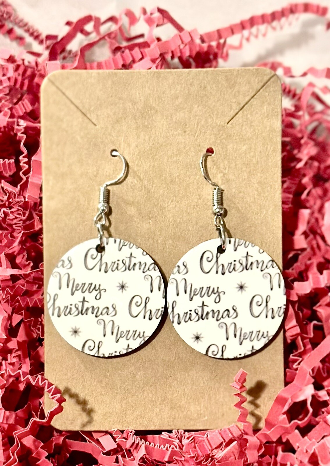 Women's Sublimated Dangle Earrings White with Black Merry Christmas Design  