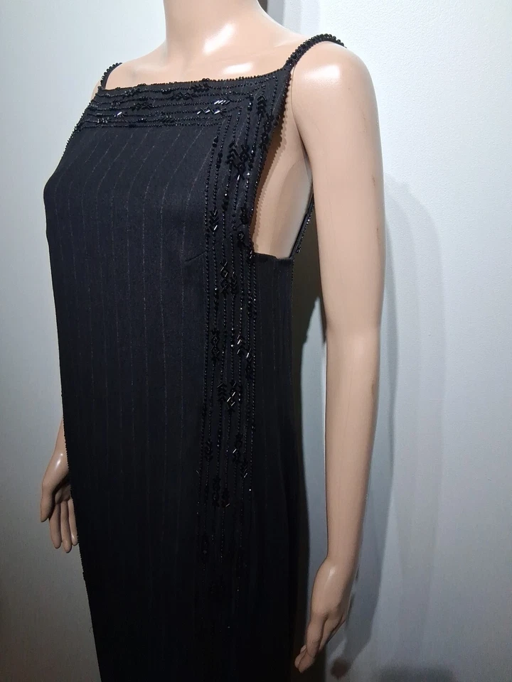 Vestido Max Mara Carbón Rayas Mezcla Lana Correa Espagueti Cuentas Midi EE. UU. 4 Foto 3 de 4