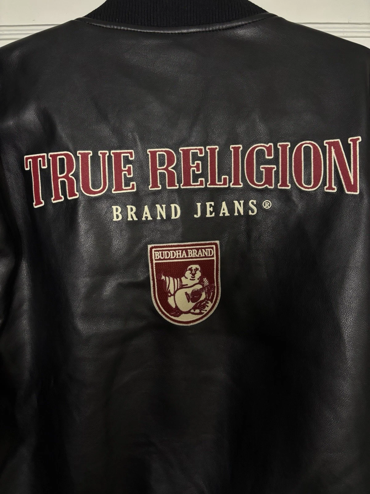 True Religion Men's Black Varsity Jacket PU Leather Snap Embroidered Logo L - product detail image 5