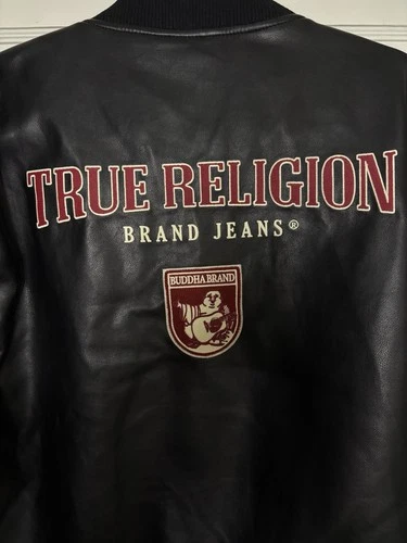 True Religion Men's Black Varsity Jacket PU Leather Snap Embroidered Logo L image 5