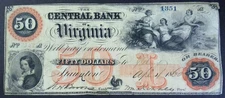 1860 Virginia Staunton $50 Confederate Obsolete Banknote Civil War EF AU