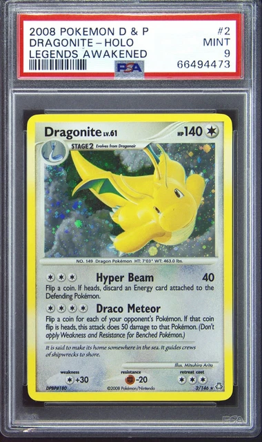 2008 POKEMON DIAMOND & PEARL LEGENDS AWAKENED #2 DRAGONITE-HOLO PSA 9