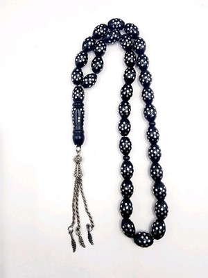 VINTAGE BLACK YUSR CORAL NATURAL SILVER INLAY PRAYER BEADS 33 Tasbih Islamic 39G