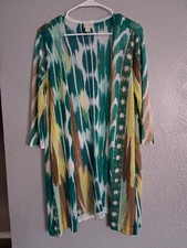 Chico s Open Front Ikat Teal Cotton Blend Cardigan Sweater Artsy Kimono sz 1 M