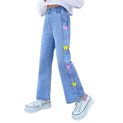 Rolanko Mädchen Jeans Bootcut Ripped Gummibund Retro Style Denim Hose für