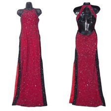 Vtg Scala Beaded Silk Halter Open Back Evening Gown Dress S Red Cocktail Y2K