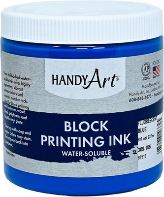 Block Printing Ink, Fluorescent Blue, 8 Oz Jar, Water-Soluble, Highly Pigmented 