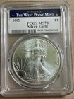 2002(W) $1 Silver American Eagle PCGS MS70-Struck At West Point Mint Label