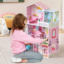 NNECW Kids Wooden Dollhouse with 5 Simulated Rooms & 10 Pieces of Furniture