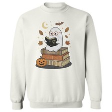 Spooky Tales Funny Cute Halloween Story Reading Ghost Unisex Crewneck Sweatshirt