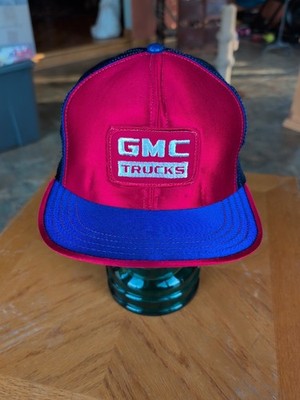 Super Rare Vintage GMC Truck Satin Red Blue Trucker Hat Cap Fitted Med New 80s