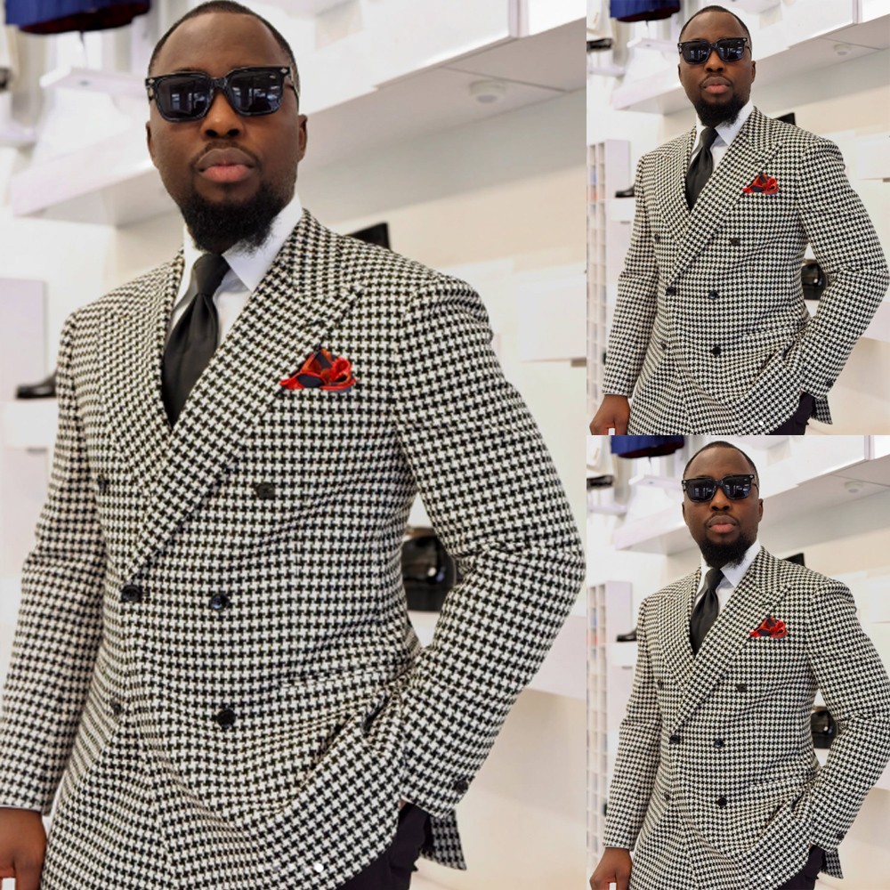 Houndstooth Men's Suits Peak Lapel Double Breasted Black White Wedding 2Pieces