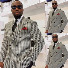 Houndstooth Men's Suits Peak Lapel Double Breasted Black White Wedding 2Pieces