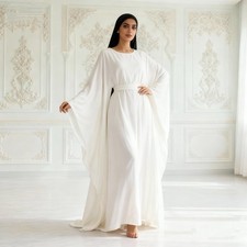 Arab Dubai Abaya Kaftan Women Loose Solid Color Dress Batwing Sleeve Belted Gown