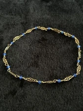 14K Gold Filled Anklet With Blue Crystal Beads & Intricate Filigree Links XL