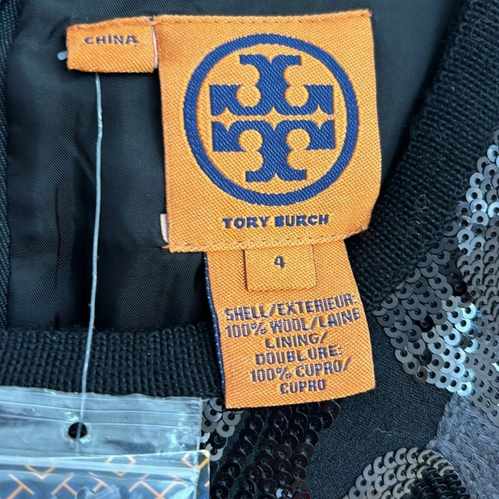 Abito Larissa nero TORY BURCH NUOVO CON ETICHETTE PAILLETTES LANA TAGLIA 4 MANICA CORTA