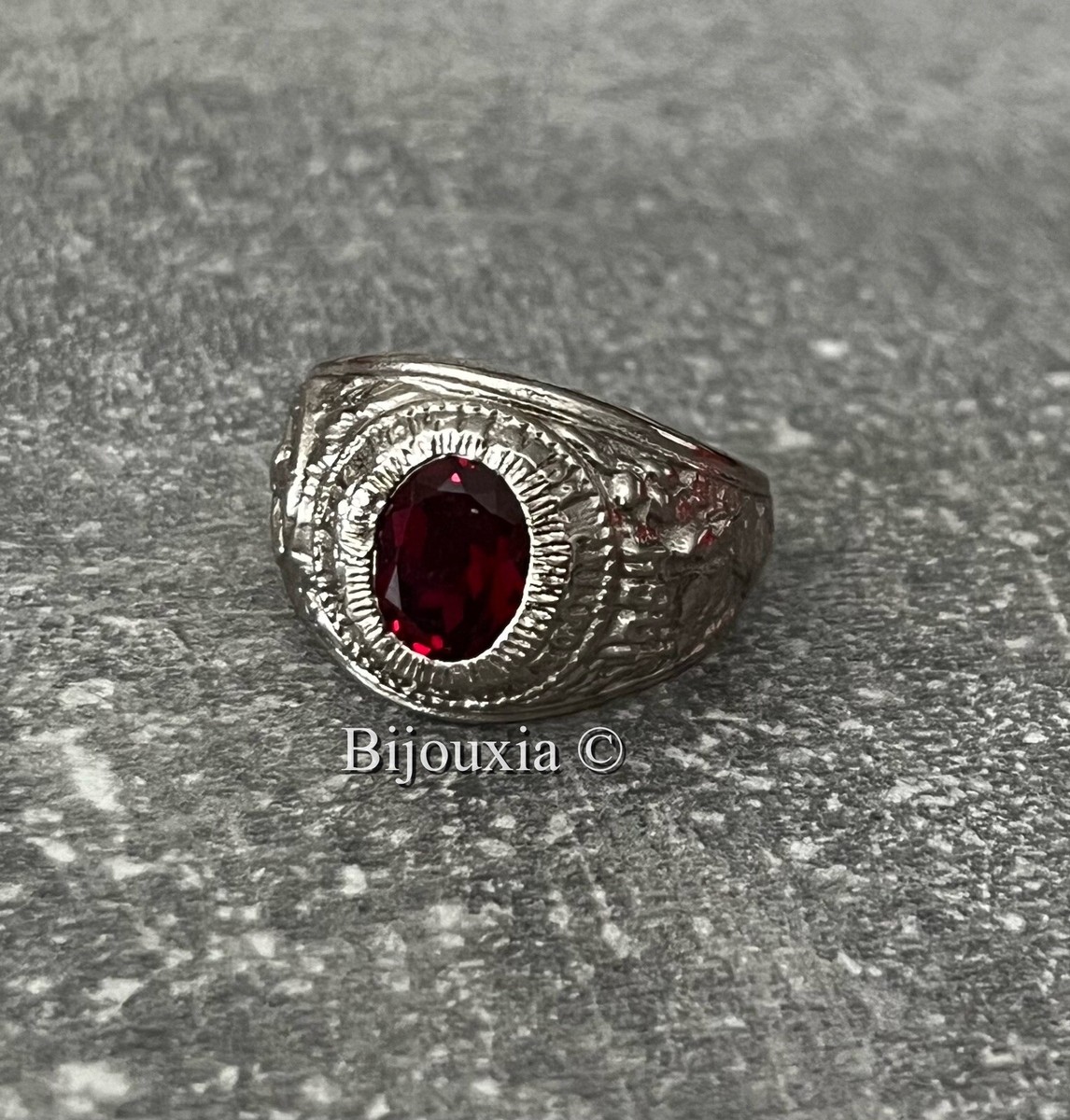Chevalière US Américaine En Argent 925/000 Pierre Rouge Rubis