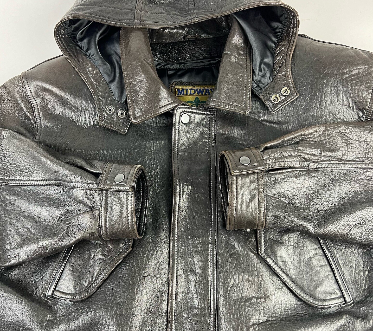 Midway Mens Dark Brown Leather Long Coat Trench Detachable Hood Liner Size L image 4