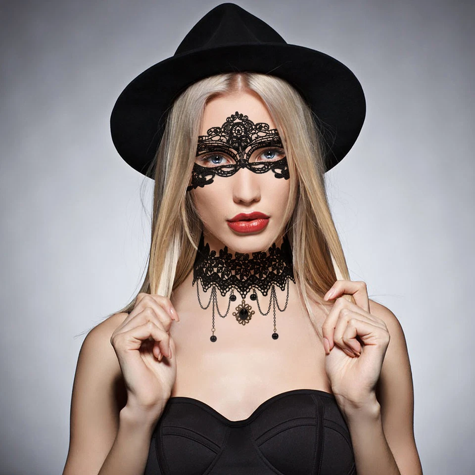 3Pcs Gothic Black Lace Eye Mask Choker Gloves Set Masquerade Costume Party Prom - Image 4 of 4