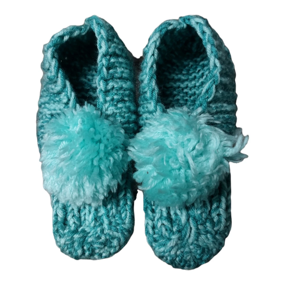 Vintage Handmade Made Granny Crochet Slippers with Pom Poms Fits Size 7 7.5 8