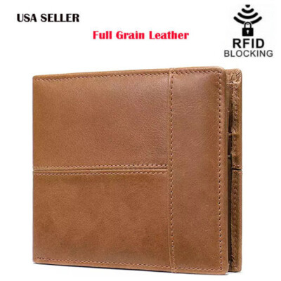 Men's RFID Blocking Full Grain Leather ID Window Currency Bifold Wallet Brown