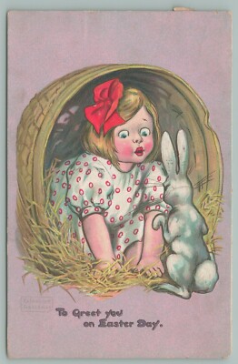 Katherine Gassaway Easter~Lil Girl In Basket~Red Bow~White Bunny Stares~TUCK
