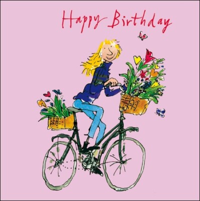 Quentin Blake Lady on a Bike Happy Birthday Card Woodmansterne