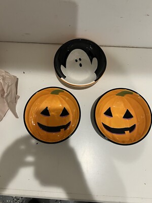 Ceramic Jack O Lantern And Ghost Halloween Deco Ceramic Candy Bowl 10 in Lot 3