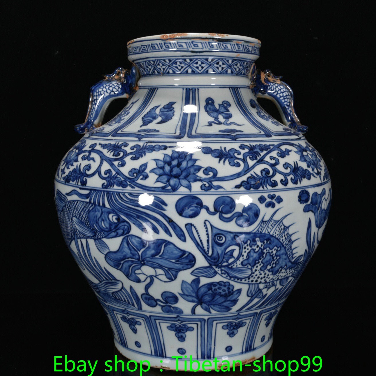 14.5''Yuan Dynasty Blue White Porcelain Fish Fishs Pattern 2 Ear Crock Pot Jar