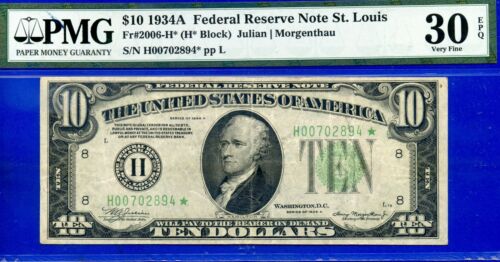 1934A $10 billete de la Reserva Federal PMG 30EPQ raro 9 conocido estrella de St. Louis fr 2006-H* - Imagen 1 de 3