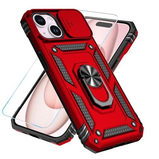 for iPhone 15 Case with HD Screen Protector & Slide Camera Cover & Red