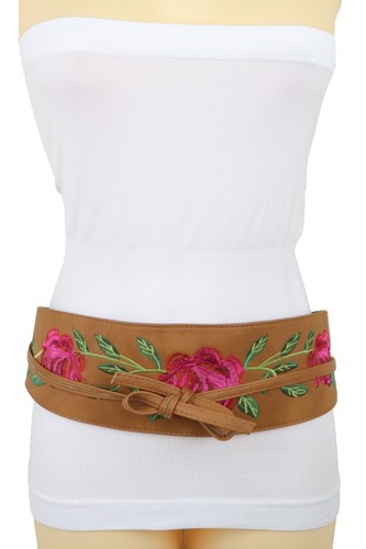 Women Brown Faux Leather Wrap Asian Kimono Tie High Waist Belt Red Flowers S M - Picture 5 of 12