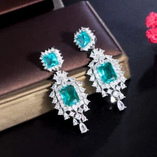 Green Cubic Zircon Crystal Droplet Long Dangle Earring White Gold Plated Jewelry