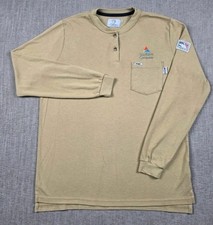 Tyndale FR Shirt Mens L Henley Beige Flame Resistant Workwear USA CAT 2 Pocket