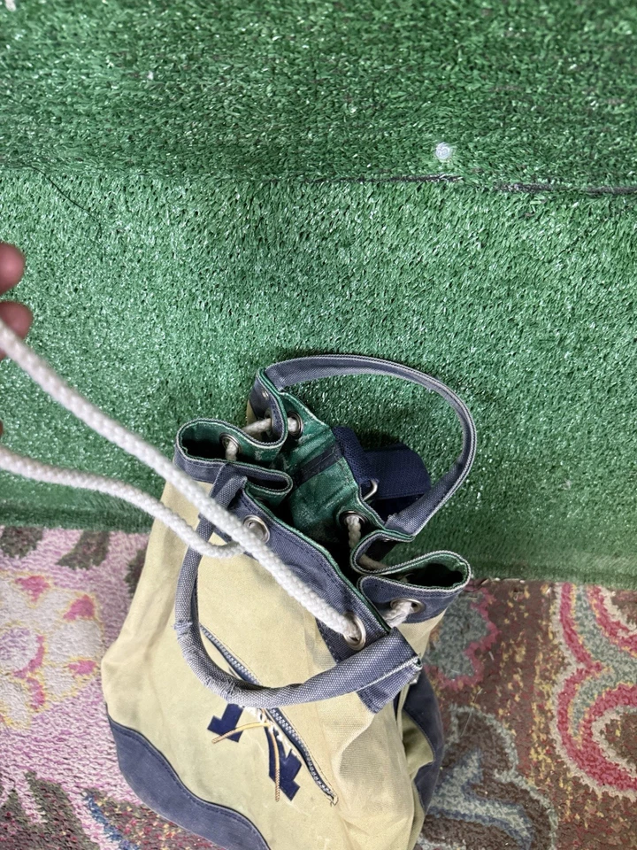 复古 NAUTICA 绿色蓝色重型帆布拉绳水手海员吊袋 — 第 3/4 张图片