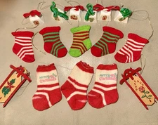 Vintage Holiday Ornament Lot   Rosebud Tea Sleds, Mini Knit Stockings, Bells