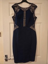 Ladies Lipsy Navy Nude fitted dress with lace Uk 12 Very Good Condition