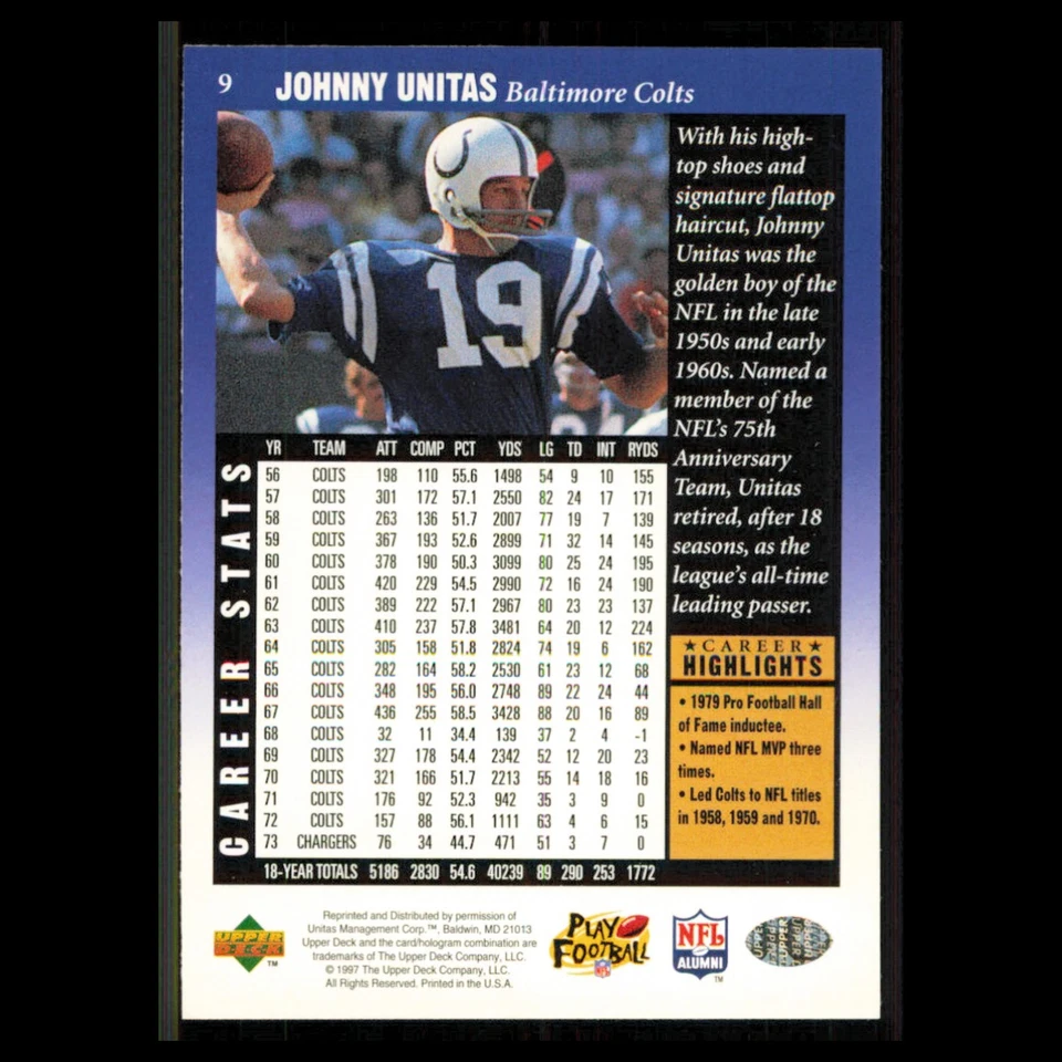 Johnny Unitas #9 1997 Upper Deck Legends Baltimore Colts Football Card NFL NM - Image 2 of 3