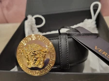 Versace Men Black Leather Belt Size 85-90-95-100 Gold Buckle Medusa Greek Key