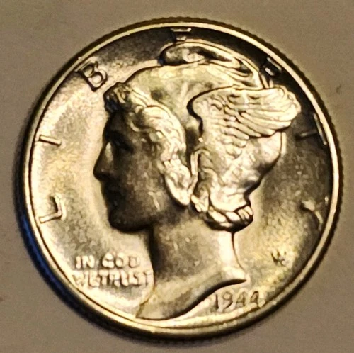 1944 D Mercury Dime AU or BU Condition With Full Split Bands, Hair And Feathers!