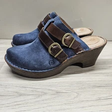 Born Womens Blue Leather Buckle Clog Wedge Size 10