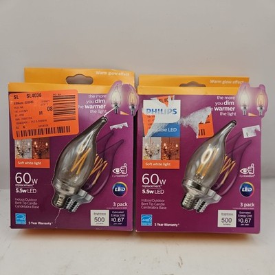  6 Philips Warm Glow Effect 60W Soft White Candle Dimmable LED Light 