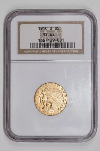 1910-D $5 GOLD INDIAN HALF EAGLE NGC MS62