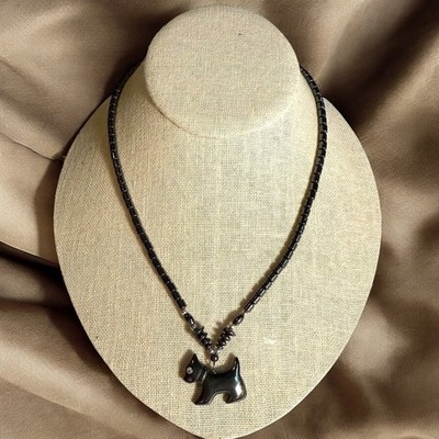 VTG Hematite Beaded Scottie Westie Pendant Rhinestone Eye Silver Tone Beads 18 